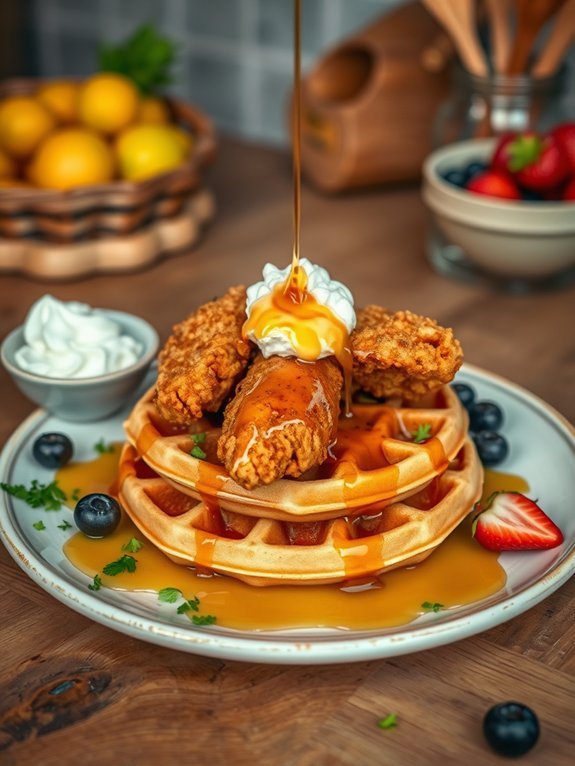 fried chicken atop waffles