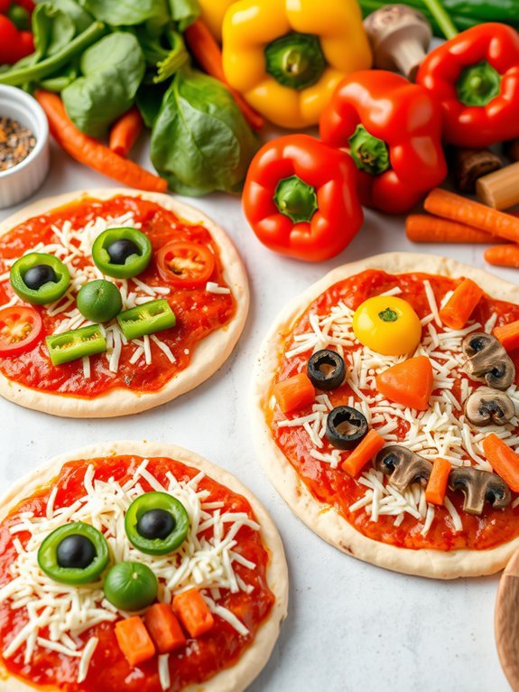 12 Fun and Creative Ways to Serve Vegetables to Kids 3 vegetable topped mini pizzas