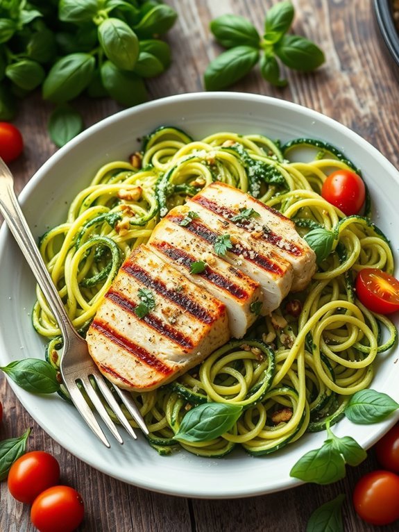 12 Tasty Low-Carb Dinner Recipes for Healthy Eating 2 zucchini noodles pesto grilled chicken